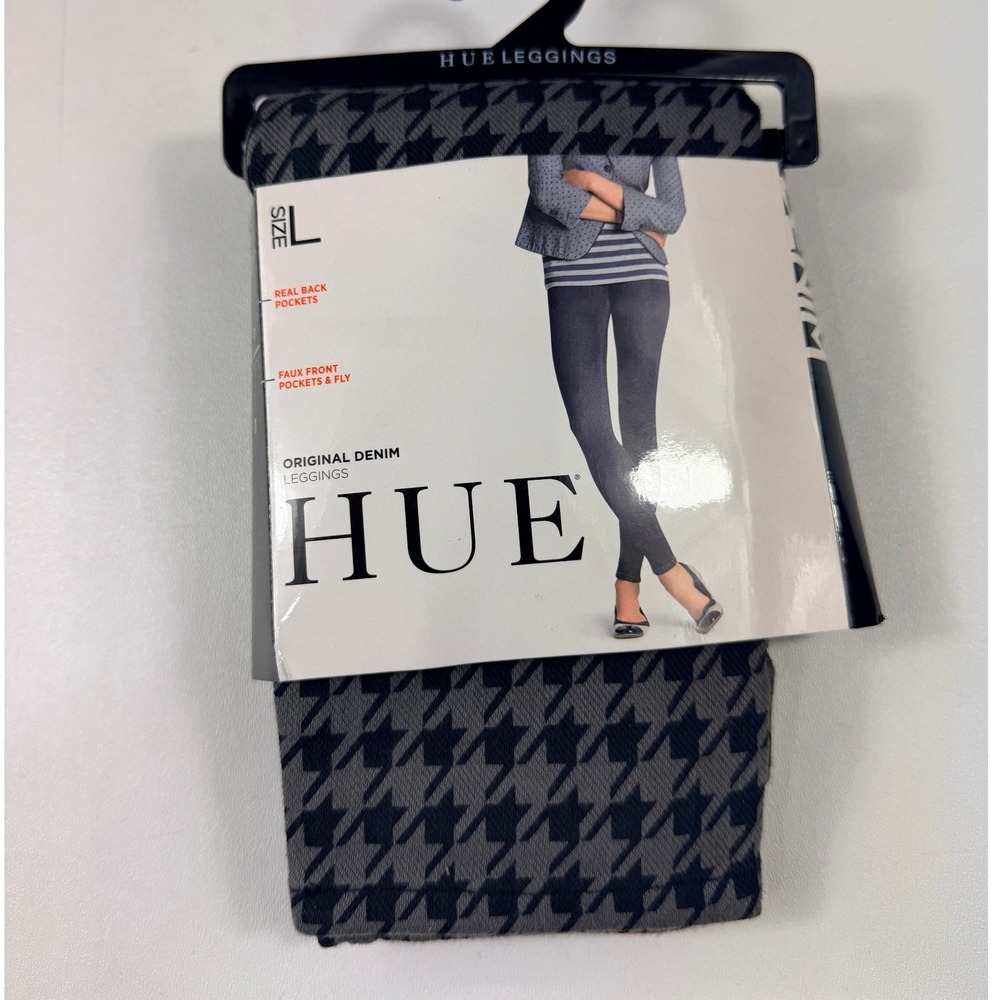 HUE Original Denim Leggings Large Dark Grey Houndstooth Pockets NWT